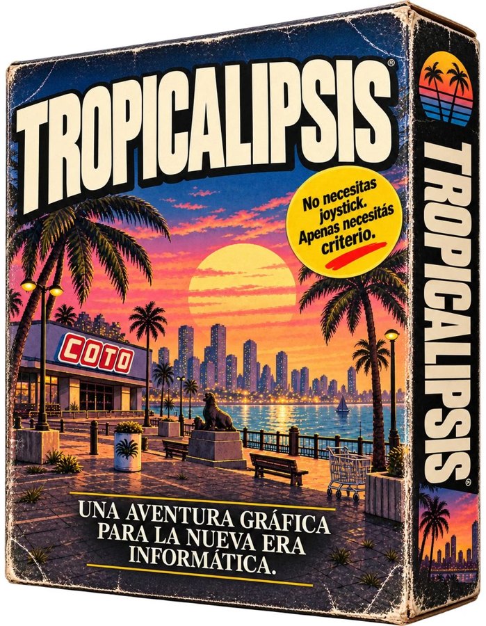 Caja de Tropicalipsis, una aventura gráfica para la nueva era informática: atardecer tropical con un Coto y la costanera de fondo.